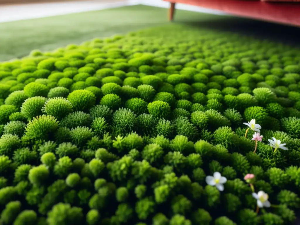 Una lujosa alfombra de musgo para interiores, con detalles vibrantes y una atmósfera naturalmente orgánica iluminada por el sol