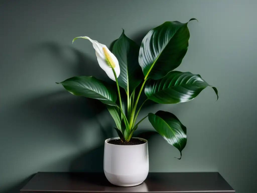 Una lujosa y exuberante planta de interior poca luz en un elegante soporte, resaltando su belleza natural en un ambiente minimalista