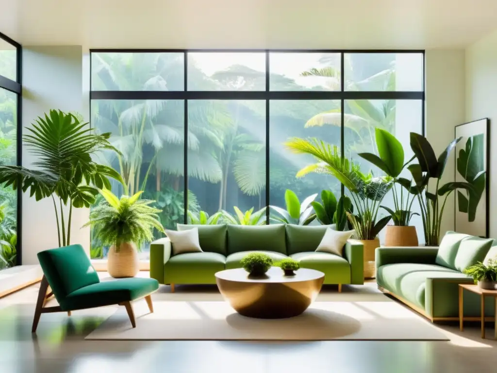 Un luminoso salón con plantas tropicales purificadoras de aire en stands modernos y estantes limpios, creando un ambiente sereno y acogedor