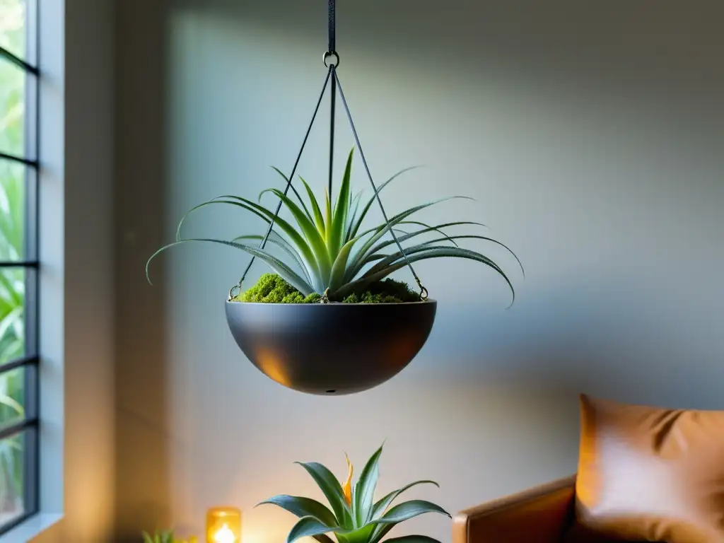 Maceta aérea de cerámica negra mate con planta Tillandsia en un moderno salón iluminado, destacando diferentes estilos de macetas para plantas aéreas