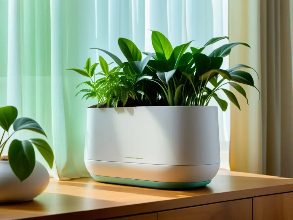 Maceta de autorriego en espacio luminoso, con planta exuberante