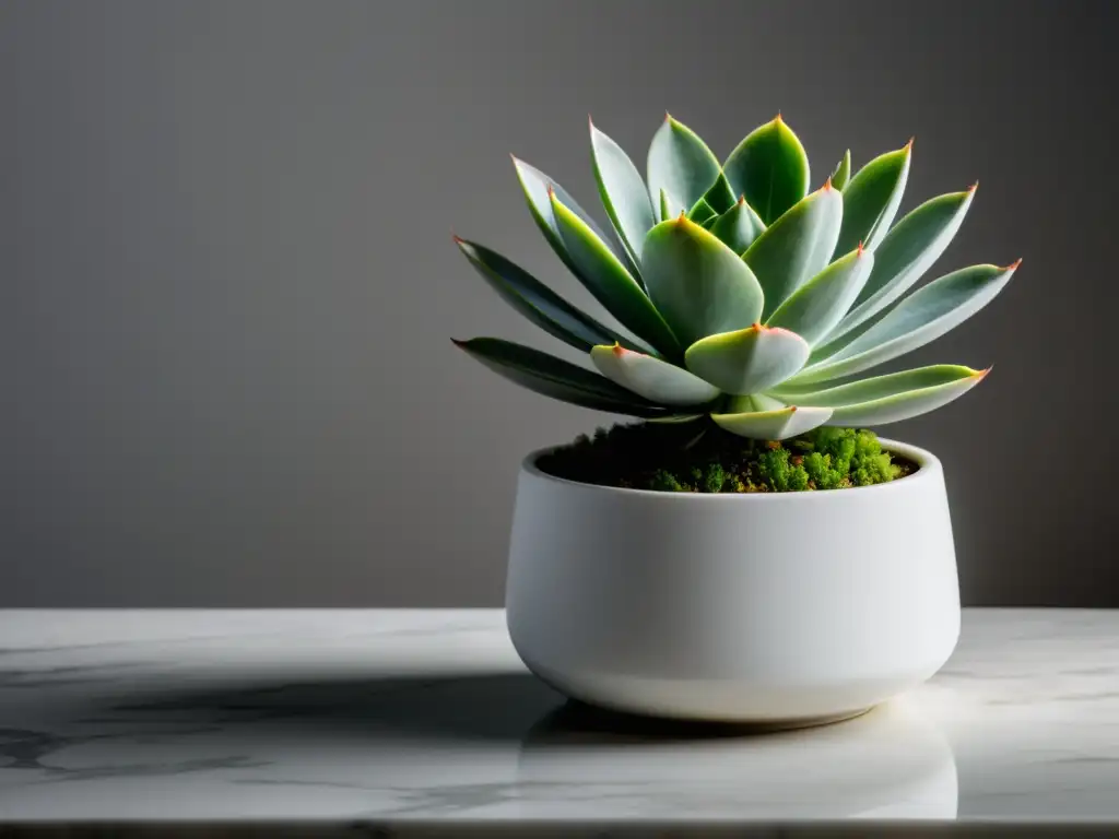 Suculenta verde en elegante maceta de cerámica blanca Maceta blanca minimalista con suculenta verde sobre mesa de mármol, bañada por luz natural suave