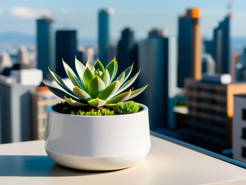 Maceta blanca minimalista con suculenta en balcón urbano, perfecta para espacios compactos