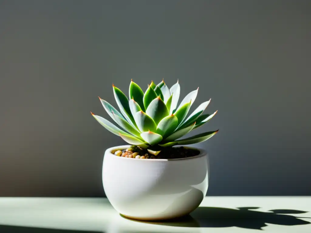 Maceta blanca minimalista con suculenta verde vibrante, brilla con gotas de agua