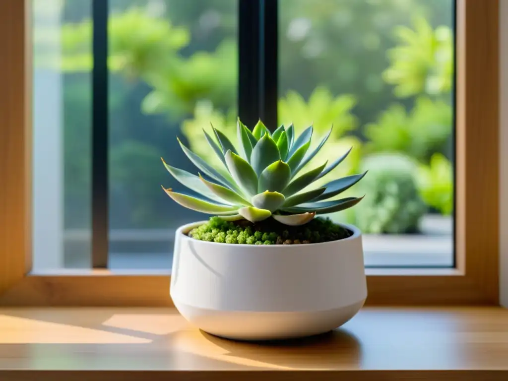 Succulenta verde en maceta blanca: fusión orgánica y moderna Maceta blanca minimalista con suculenta verde en moderna decoración interior