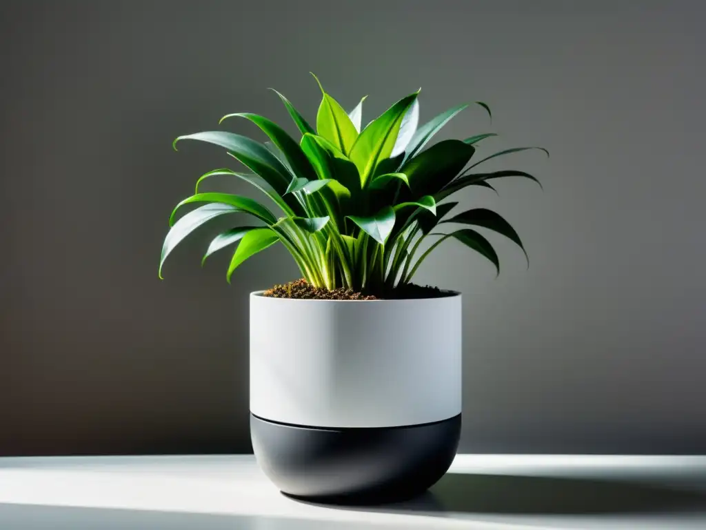 Maceta de diseño con planta próspera en sustrato innovador, iluminada suavemente