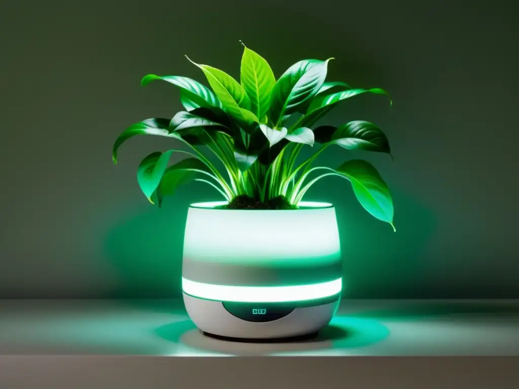 Maceta inteligente para plantas de interior con pantalla digital integrada, rodeada de exuberante follaje verde