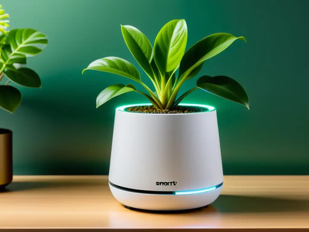 Maceta inteligente para plantas de interior en moderna mesa junto a exuberante follaje, fusionando tecnología y naturaleza