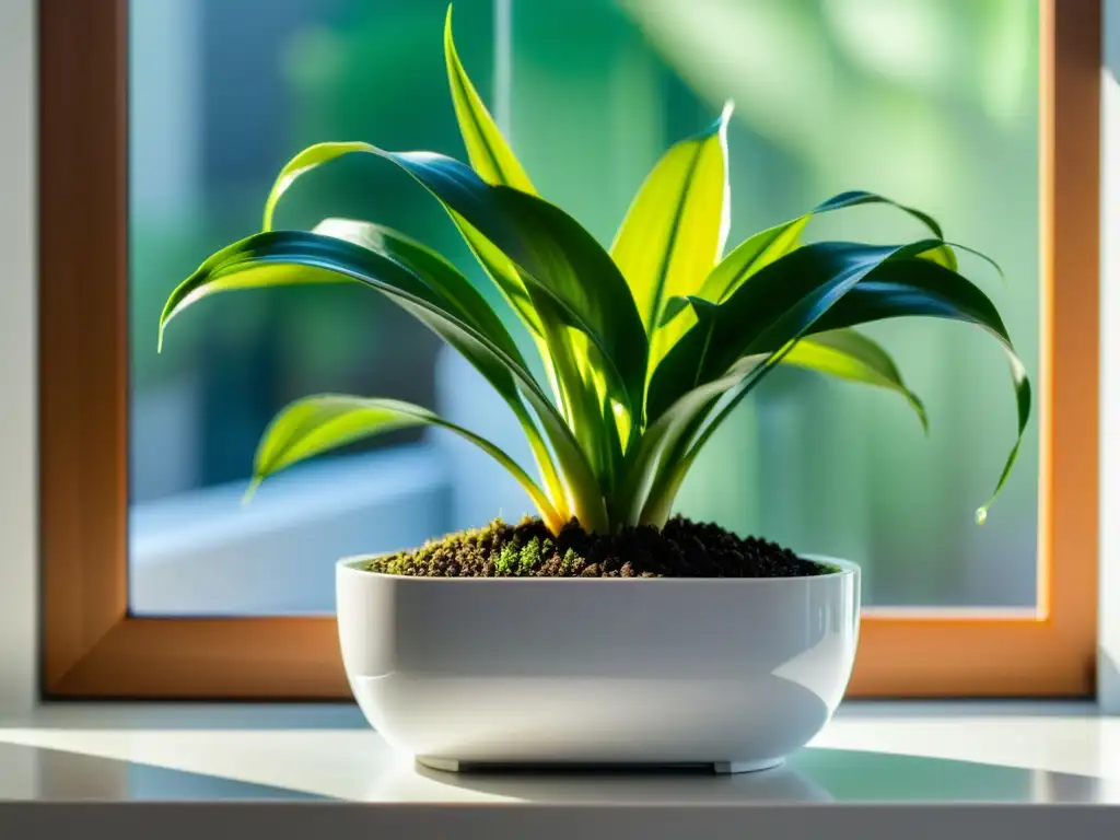 Maceta moderna de autorriego con planta de serpiente, iluminada por el sol en un alféizar, muestra técnicas eficientes riego plantas interior