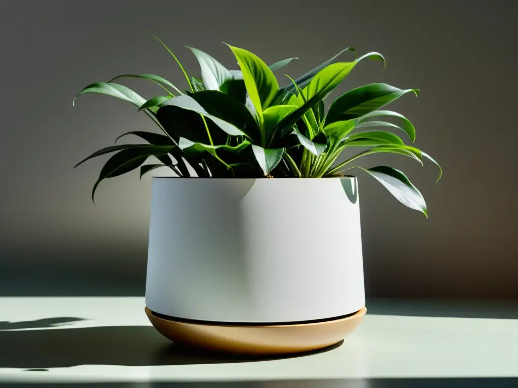 Maceta moderna de materiales ecológicos en un elegante ambiente minimalista con plantas verdes vibrantes