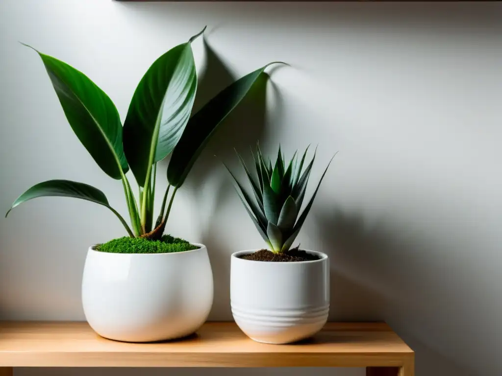 Maceta ecológica blanca con planta de interior verde vibrante en estante de madera, creando armonía visual