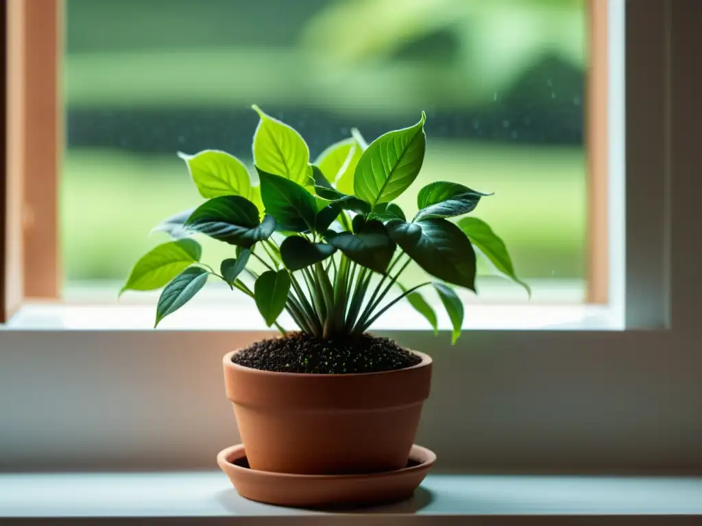 Un jardín en una maceta de terracota, iluminado por luz natural, muestra el efectivo riego por capilaridad para plantas