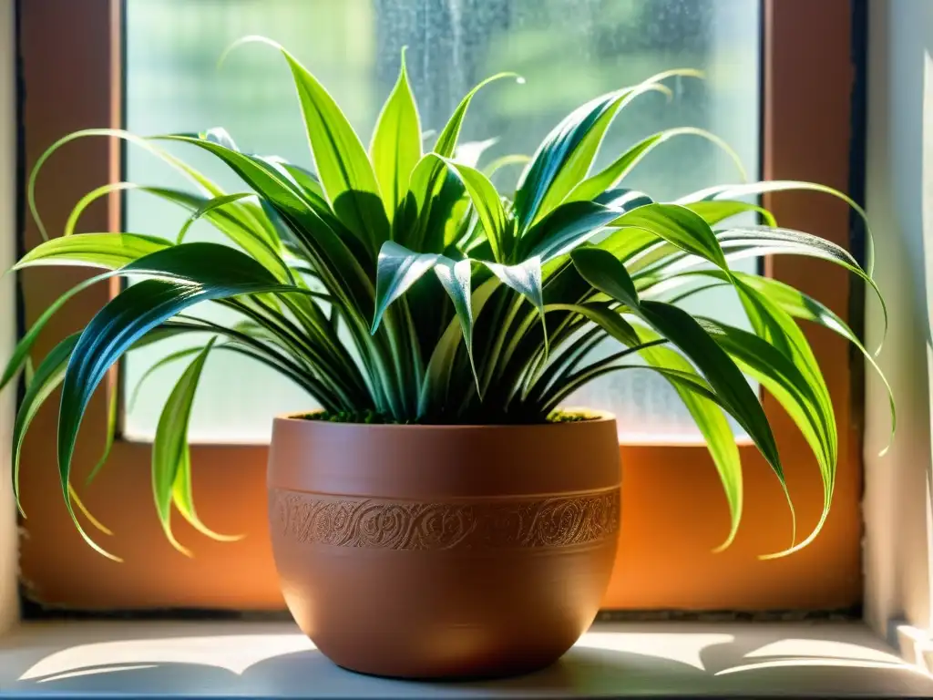 Una maceta de terracota vintage con plantas de interior heredadas, iluminada por la suave luz del sol