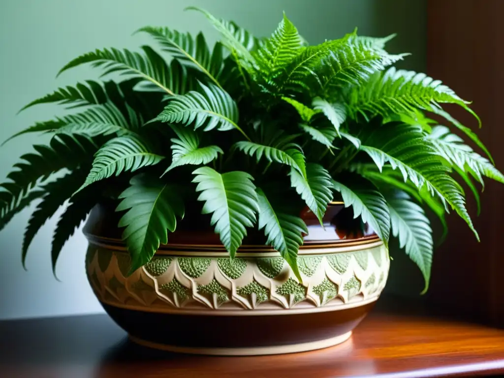 Maceta victoriana con helechos y hiedra en mesa de madera