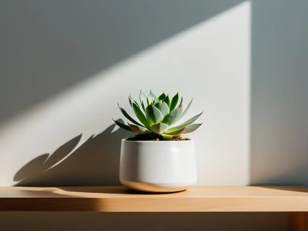 Macetas adecuadas para espacios compactos: Una suculenta en maceta blanca sobre estante de madera, con luz suave y sombra en la pared