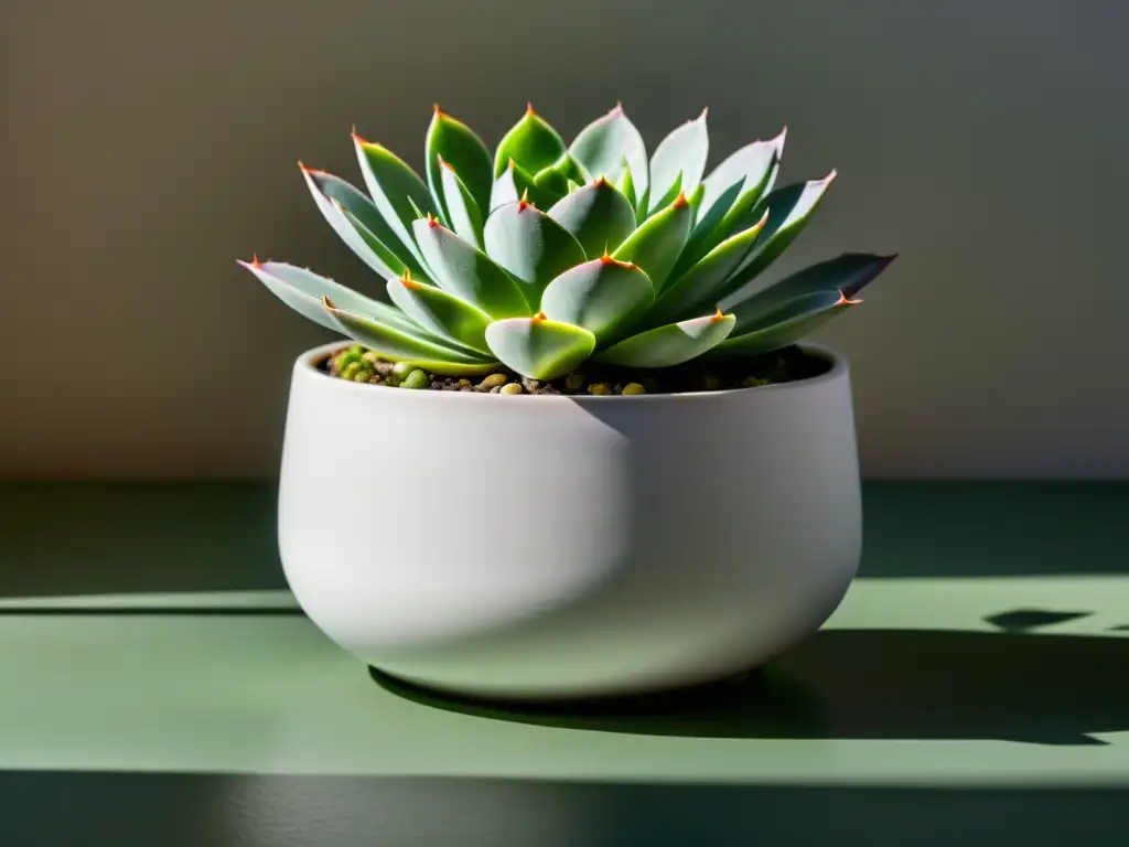 Macetas DIY para jardín interior: Cerámica blanca con suculentas verdes, simetría perfecta y elegancia minimalista bajo luz natural