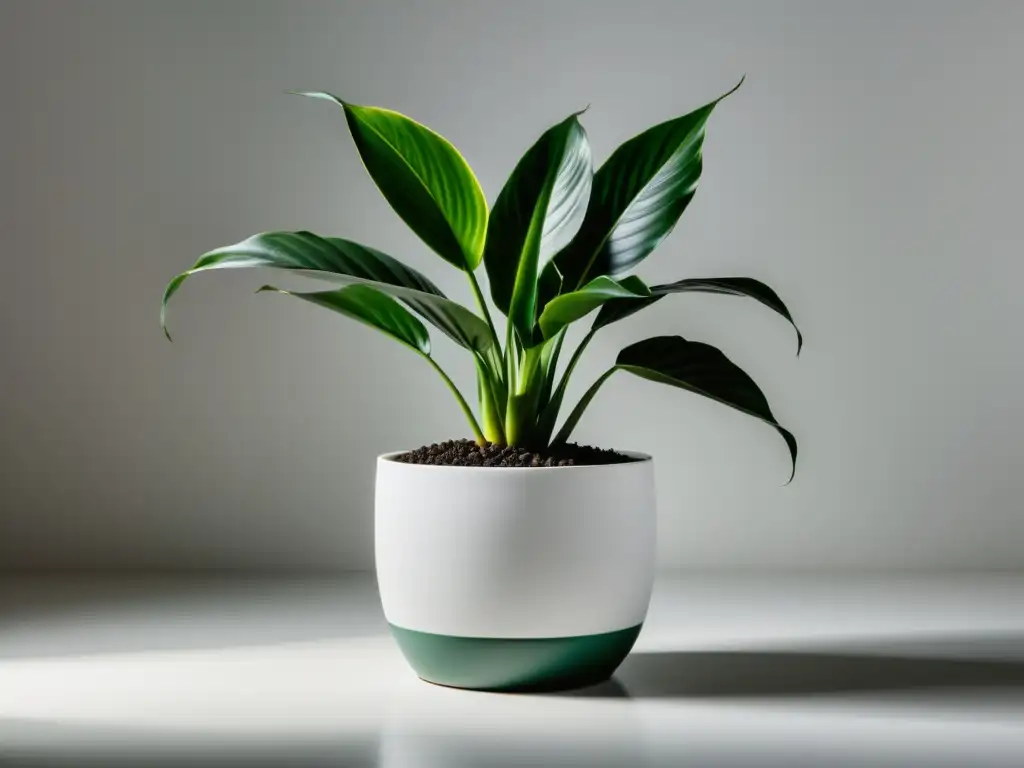 Macetas ecológicas para plantas de interior: Elegante maceta blanca con planta de serpiente verde vibrante, iluminada suavemente por la luz natural