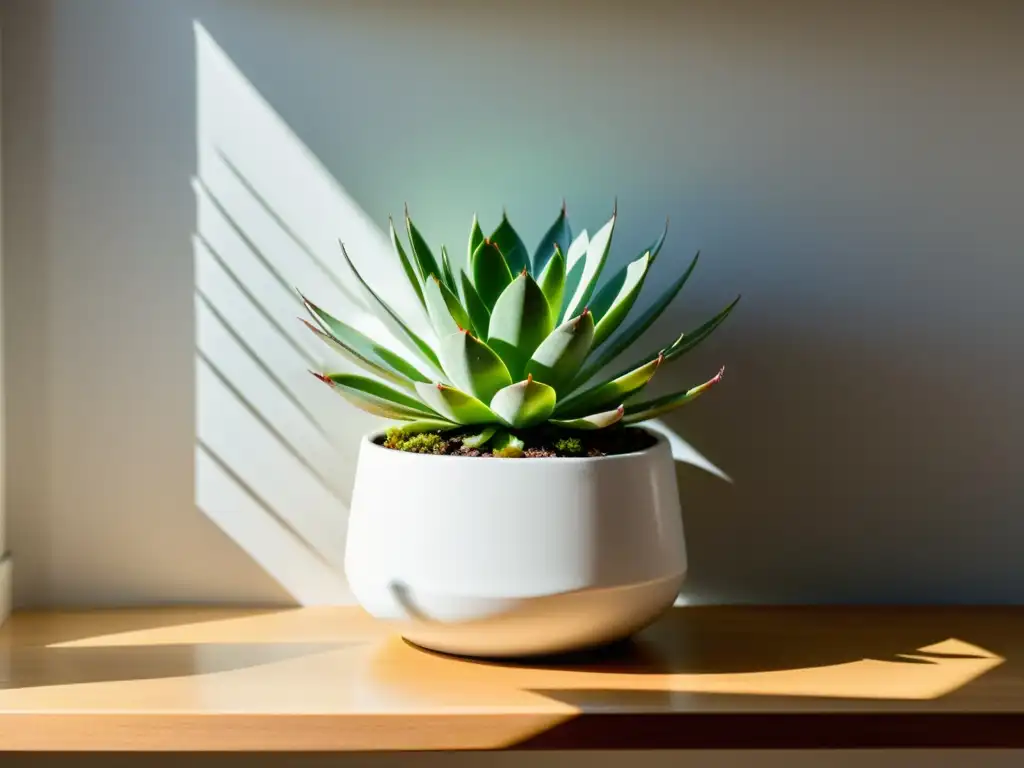 Macetas DIY para jardín interior: Elegante maceta blanca con suculentas verdes en estante de madera, iluminada por luz natural