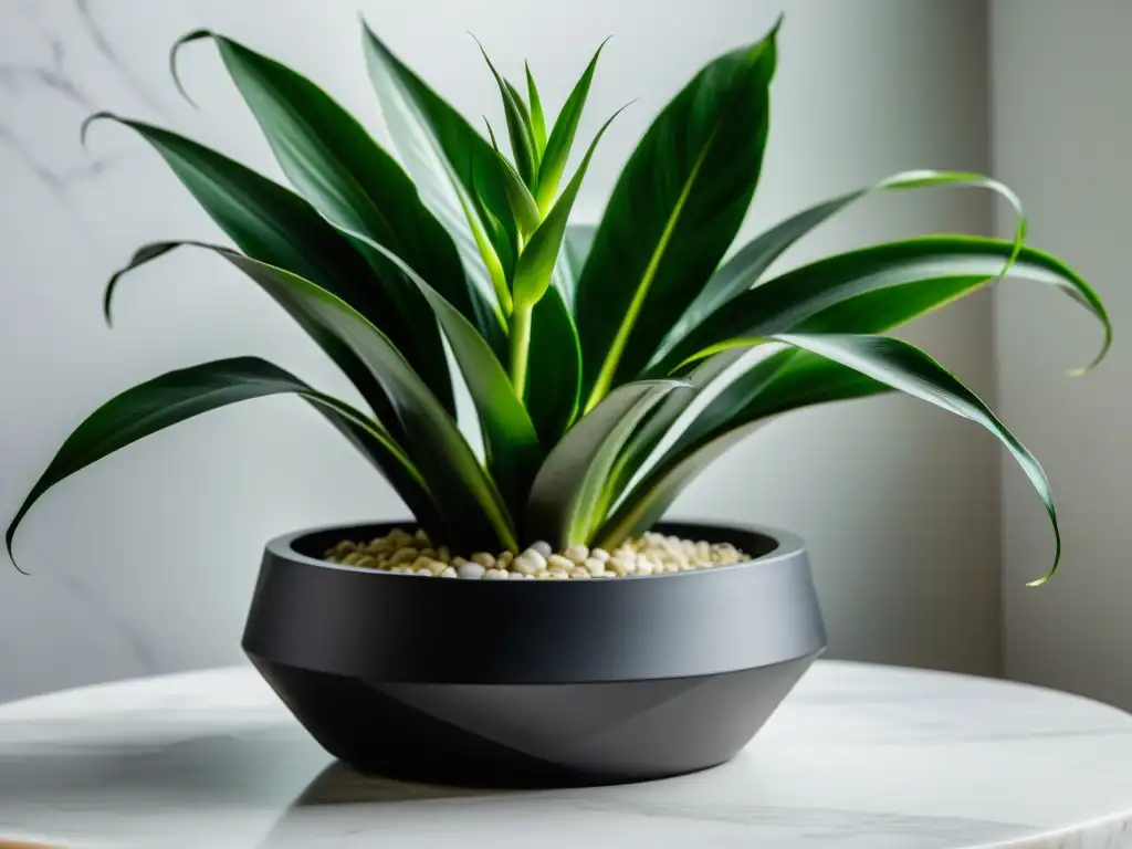 Maceta de cerámica negra mate con planta de interior exuberante Macetas para decoración interior: Elegante maceta negra con diseño geométrico, con una exuberante planta serpiente de hojas verdes sobre una mesa de mármol blanco