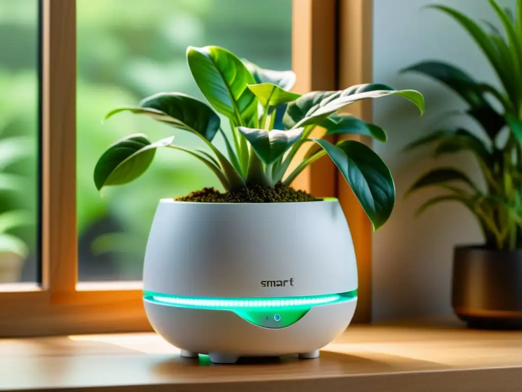 Macetas inteligentes para plantas de interior: un elegante y moderno smart pot de cerámica blanca con pantalla digital integrada, rodeado de exuberantes plantas verdes en un ambiente sereno y acogedor