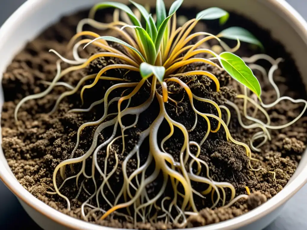 Macrofoto de sistema radicular sano en sustrato transparente con organismos beneficiosos, destacando la prevención de plagas en sustrato plantas