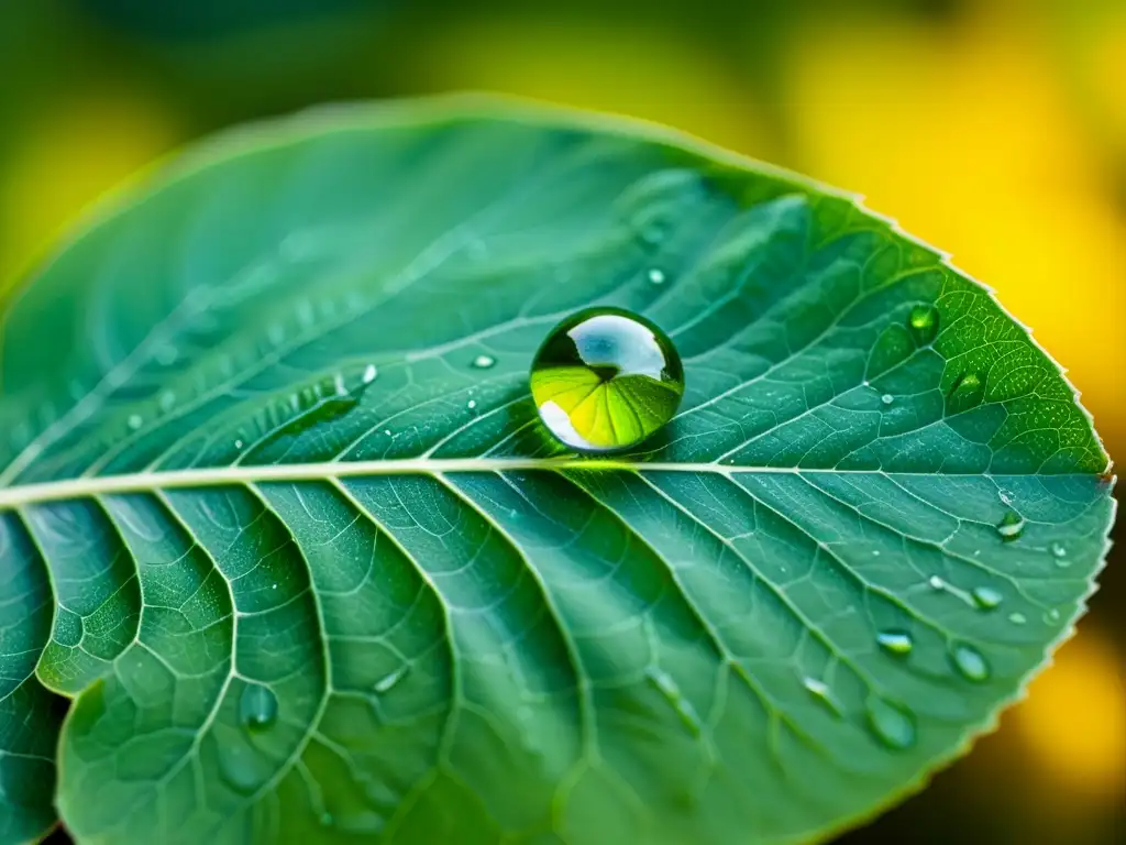 Macrofotografía de una gota de agua en una hoja verde vibrante, capturando cada detalle en un entorno de cuidado de plantas de interior