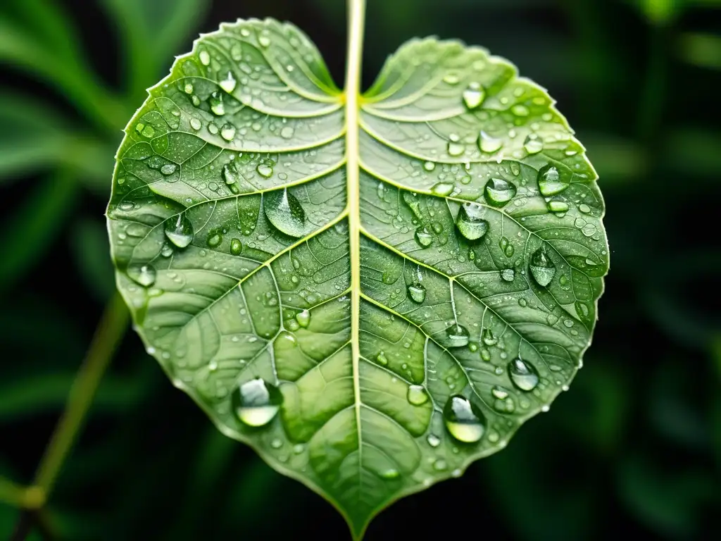 Macrofotografía de una hoja verde vibrante con gotas de agua, resaltando la belleza del microcosmos en plantas de interior