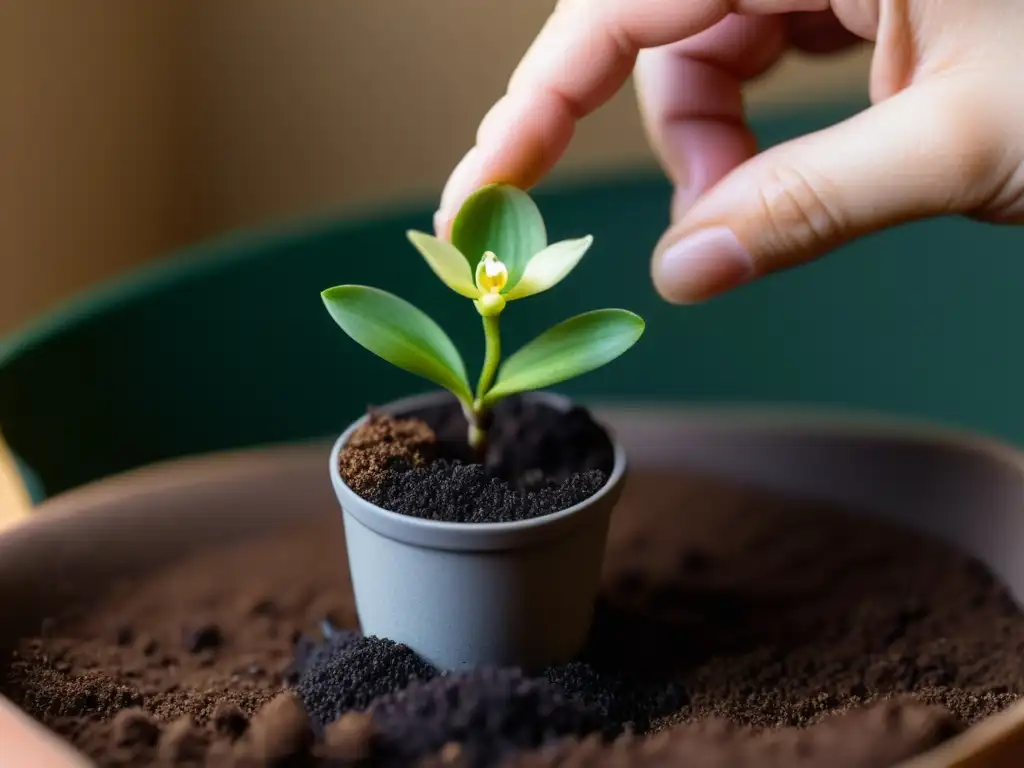 Una mano coloca con cuidado un capullo de orquídea en una maceta, mostrando la propagación de orquídeas en casa con delicadeza y precisión