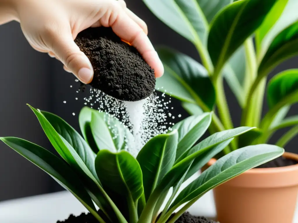 Mano esparciendo con cuidado fertilizante en polvo sobre tierra de planta de interior, creando un efecto mágico