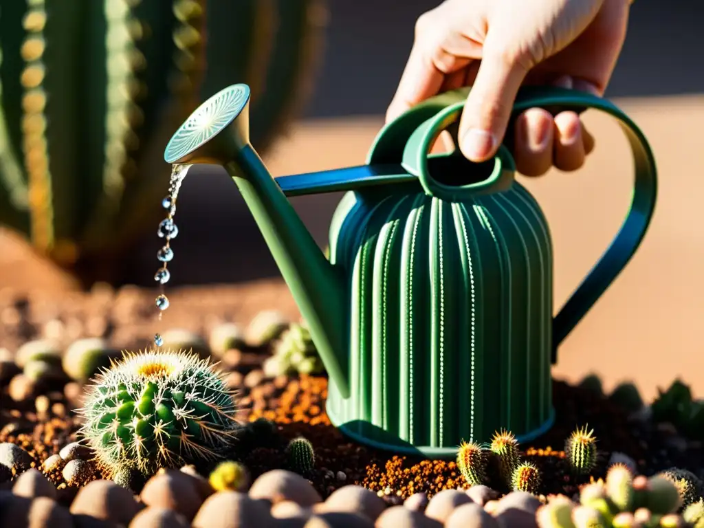 Mano cuidadosa fertilizando cactus exóticos, detalle y amor en la imagen