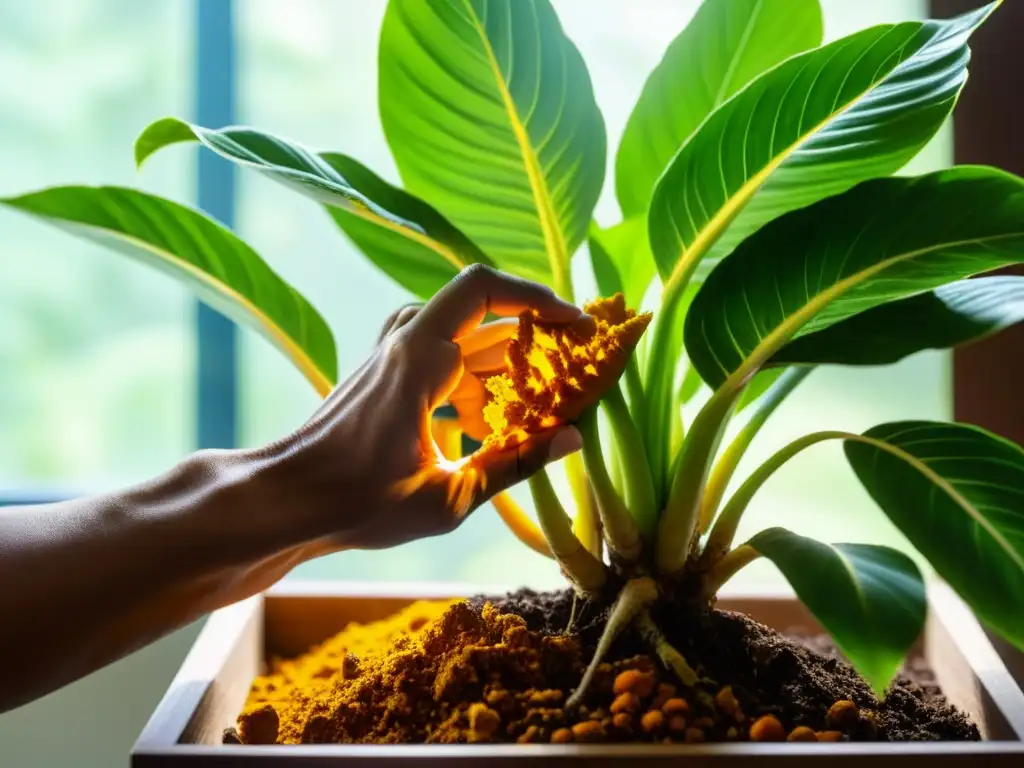 Una mano cuidadosa atiende a una exuberante planta de cúrcuma en interiores, bañada por la cálida luz del sol