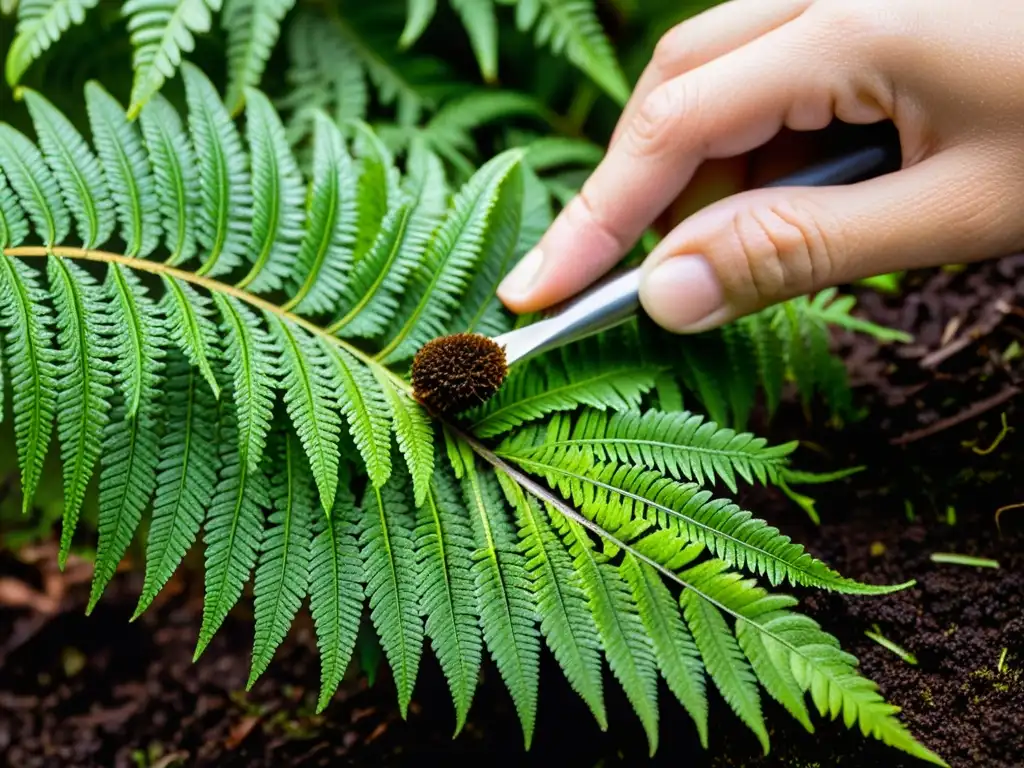 Mano cuidadosa realizando la reproducción de helechos raros, transfiriendo esporas a la tierra húmeda con pincel delicado