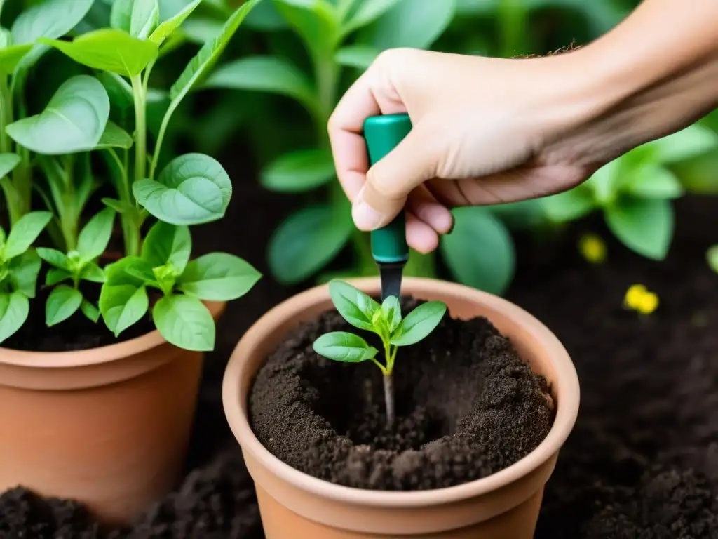 Mano cuidadosa aireando el suelo oscuro de una maceta, resaltando la importancia de la aireación para el crecimiento de las plantas