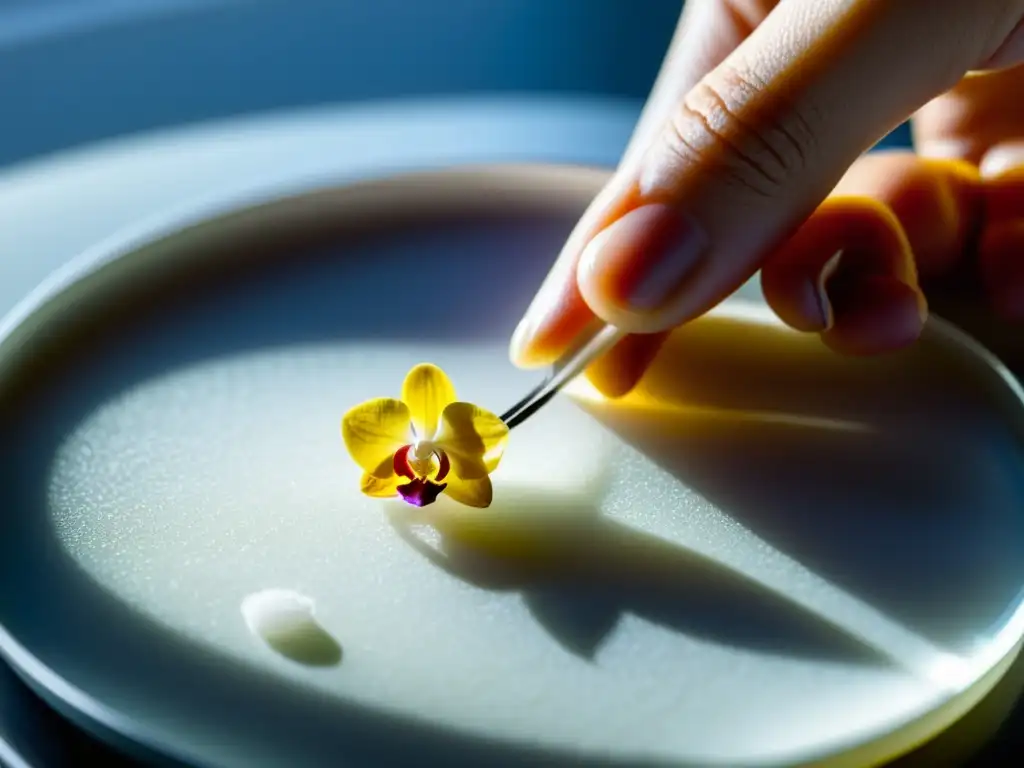 Mano delicada realiza la propagación de orquídeas exóticas con precisión en laboratorio estéril