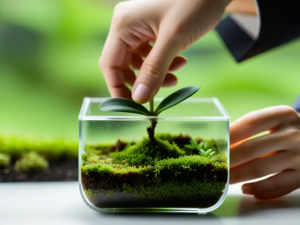 Mano colocando cuidadosamente un esqueje de orquídea en un recipiente de propagación, con luz natural brillante