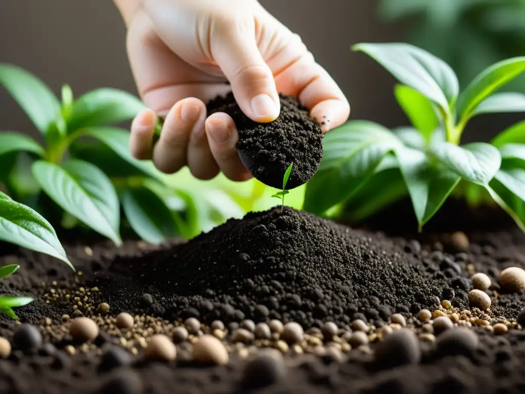 Una mano esparciendo fertilizante orgánico casero sobre la tierra de una exuberante planta de interior