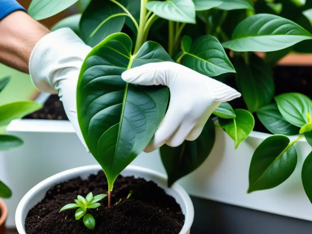 Una mano con guantes blancos cuidadosamente corta una hoja de planta en maceta blanca, destacando la propagación sostenible de plantas de interior