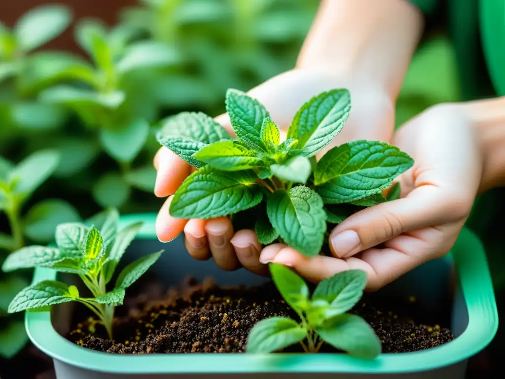 Una mano recoge suavemente hojas frescas de menta de un jardín interior