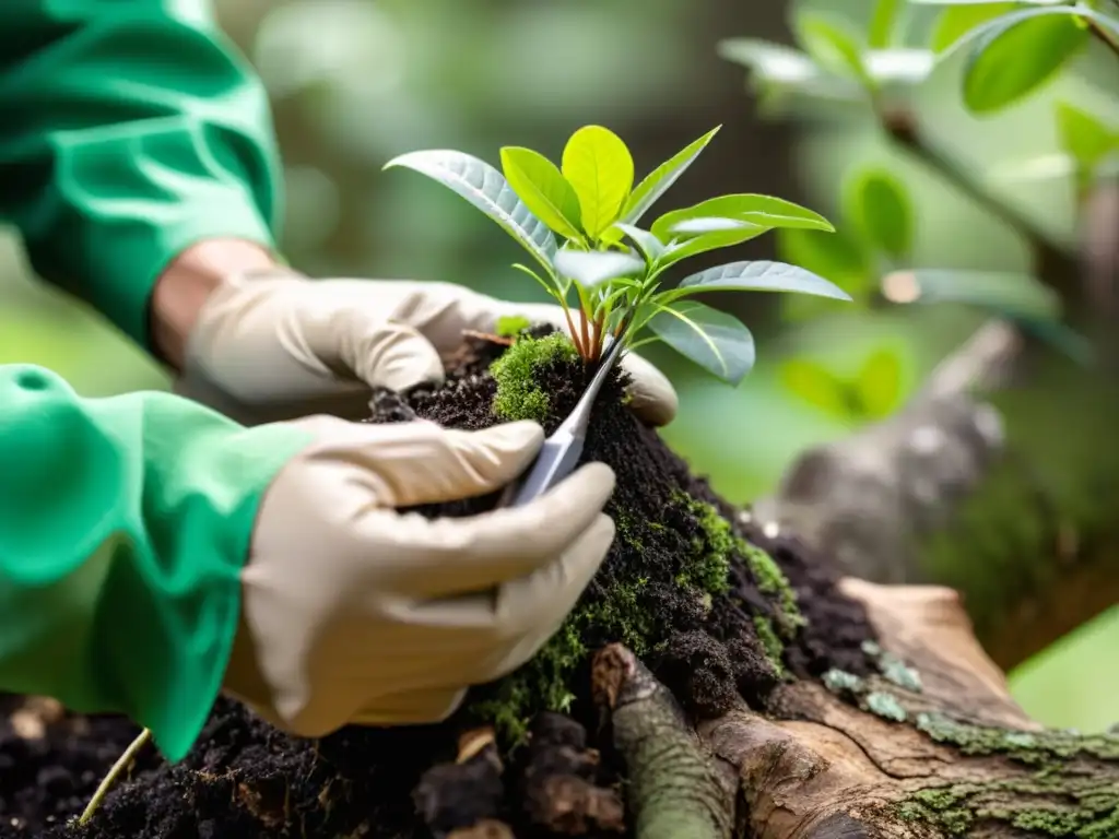 Mano realizando injerto de plantas, con delicadeza y precisión, rodeada de herramientas y plantas