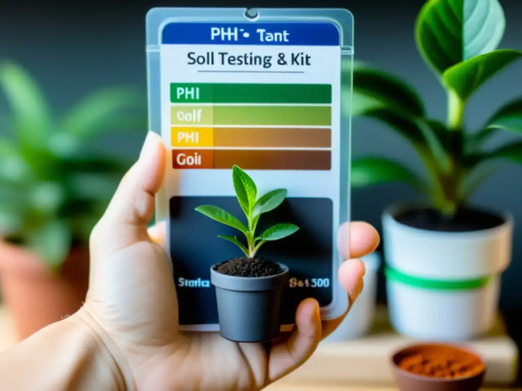 Mano sosteniendo un kit de prueba de pH con planta de interior al fondo, mostrando el ajuste de pH para plantas de interior en detalle