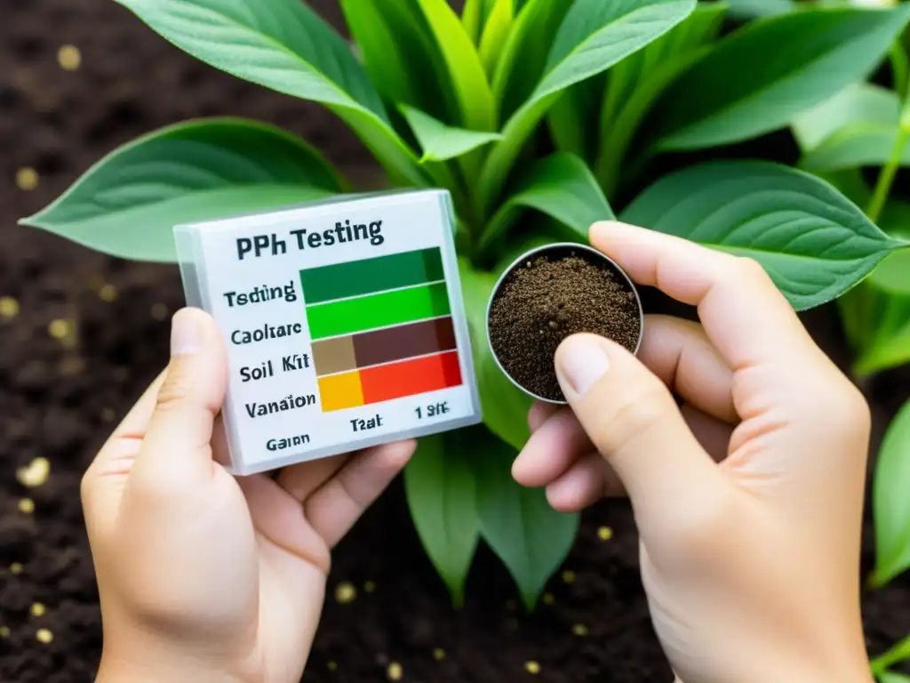 Una mano sostiene un kit de prueba de pH, revelando detalles precisos del suelo y las plantas de interior