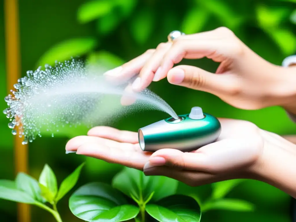 Una mano sostiene un nebulizador, rociando delicadamente plantas de interior exuberantes