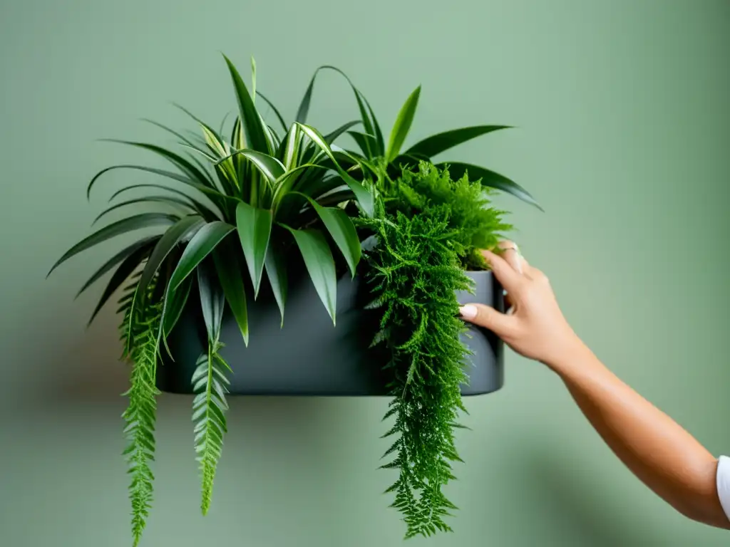 Mano colgando creativamente Chlorophytums en una pared geométrica, exhibiendo su belleza y elegancia