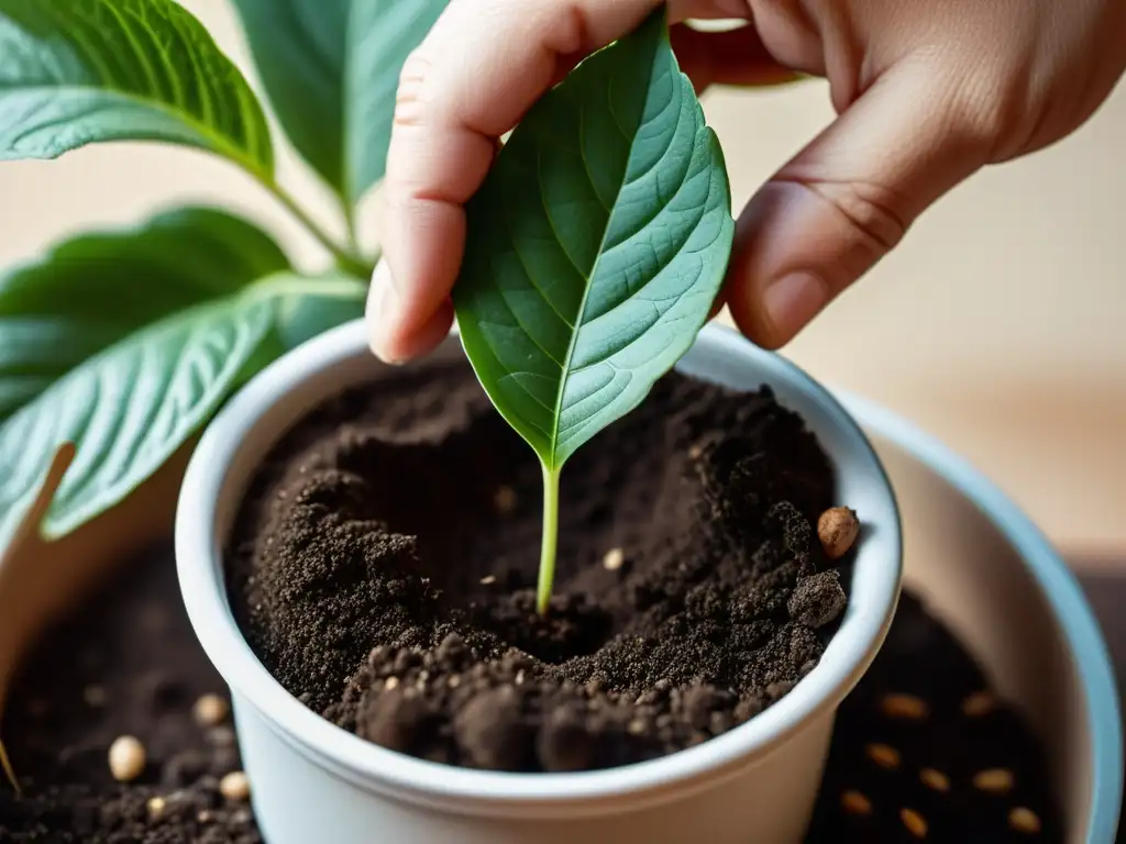 Mano colocando con precisión una hoja en tierra fértil, transmitiendo técnicas de propagación de plantas de interior con serenidad y profesionalismo