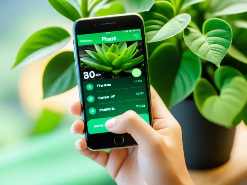 Mano sostiene smartphone con app de cuidado de plantas