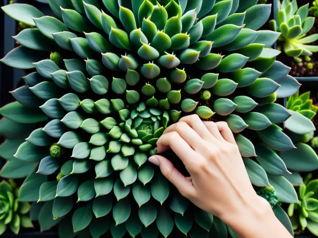 Mano podando suculentas en jardín vertical, exquisitos detalles y precisión, técnicas de jardinería vertical para balcones pequeños