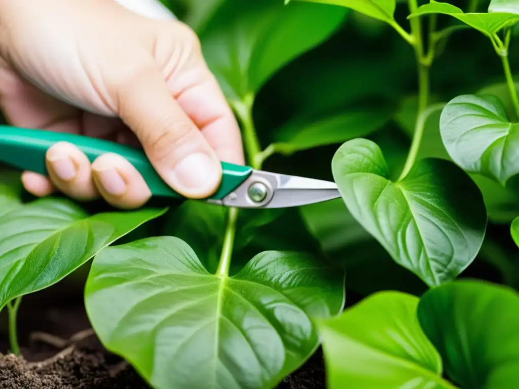 Mano cortando cuidadosamente un tallo de potos con tijeras de jardinería