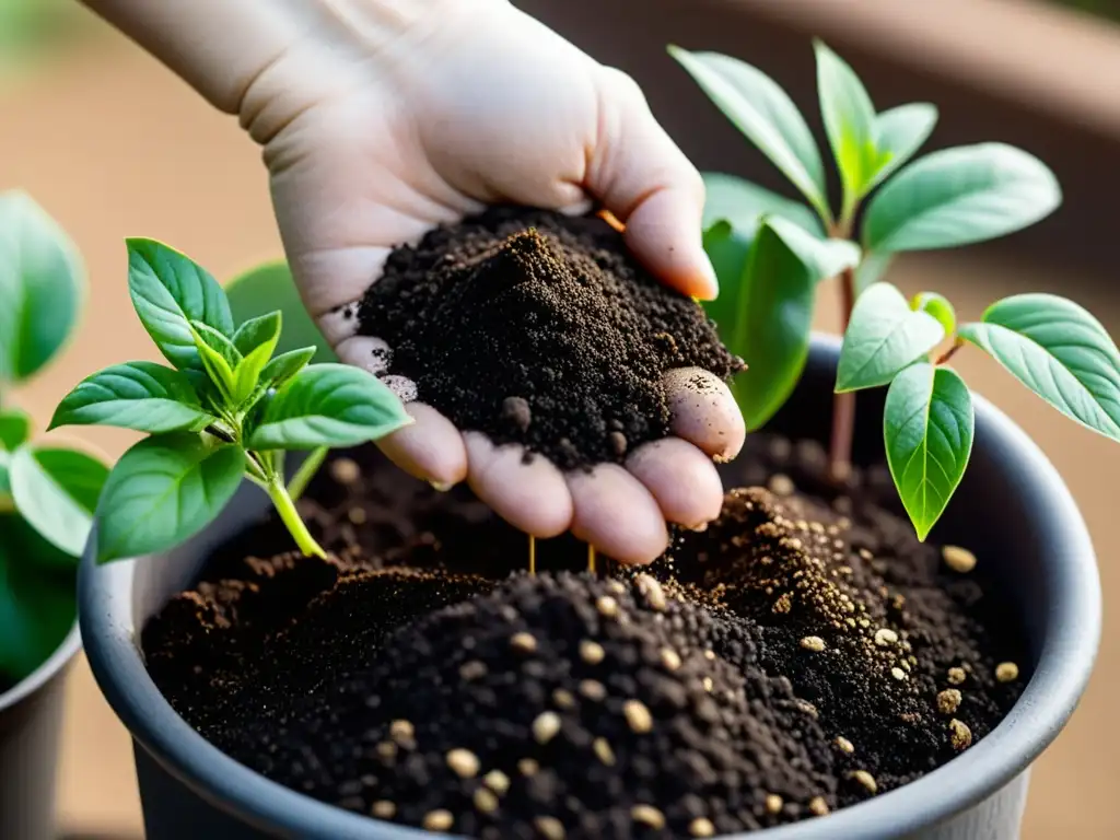 Una mano esparciendo compost Bokashi sobre la tierra de una planta en maceta