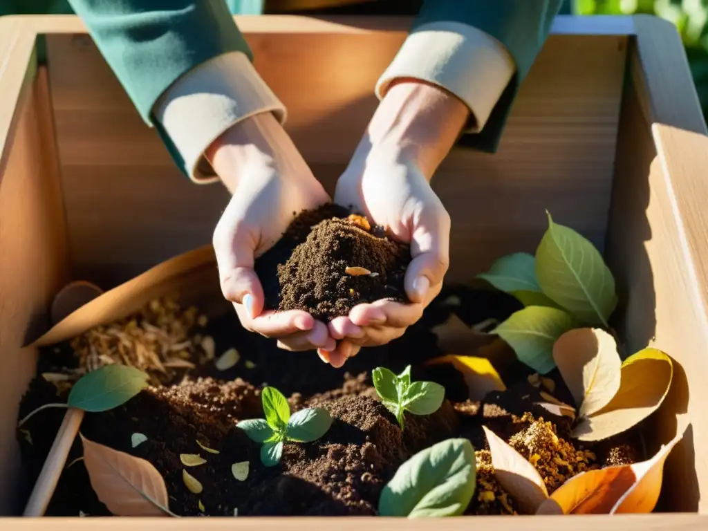 Manos mezclando abono orgánico casero para huerto urbano con cuidado en un gran compostador de madera, creando un ambiente cálido y natural