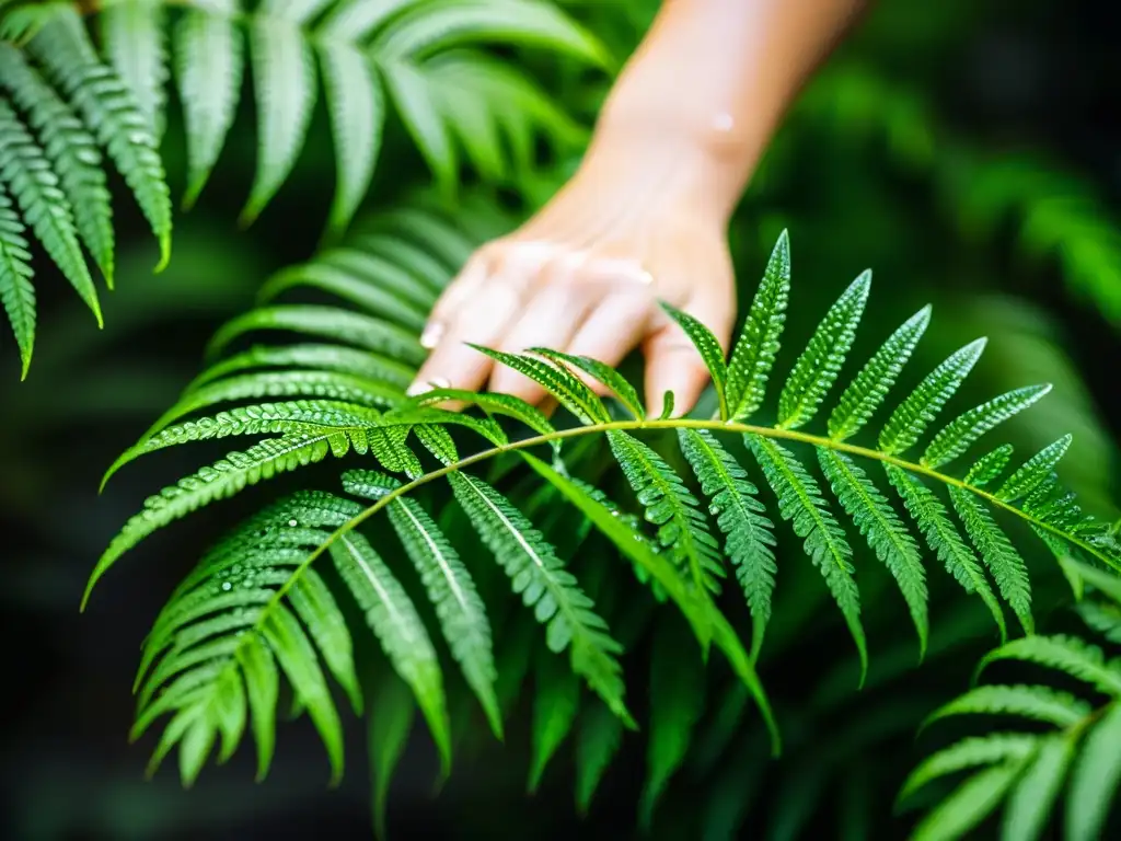 Nutrición para Nephrolepis Exaltata: Manos rociando agua sobre helecho exuberante, evocando tranquilidad y conexión con la naturaleza